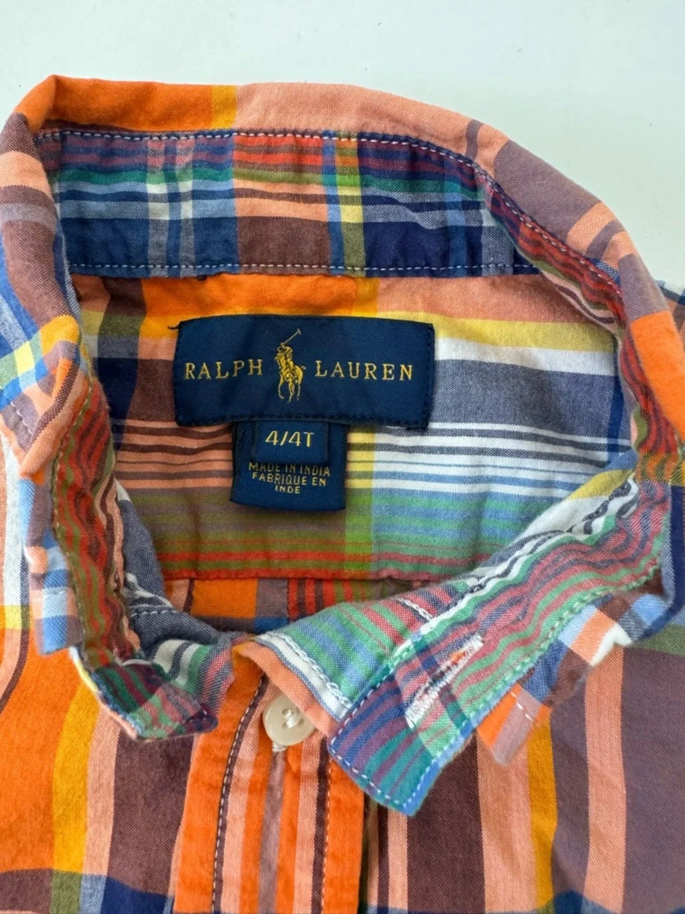Ralph Lauren Boys Plaid Shirt Orange Blue Button Down Cotton 4T classic luxury